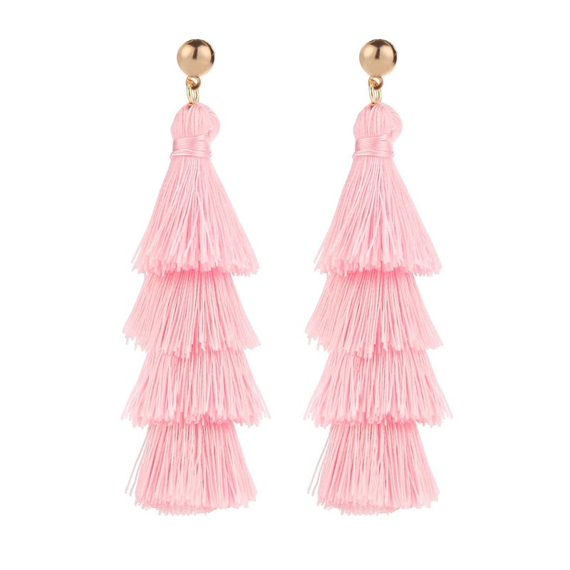 BaubleStar Fashion Tassel Dangle Earrings for Women Layered Long Bonita Tiered Pink Thread Tassel Drop Statement Jewelry - Image 1
